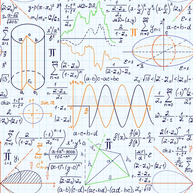 Scientific vector seamless pattern with mathematical and physical formulas, plots and calculations royalty free illustration