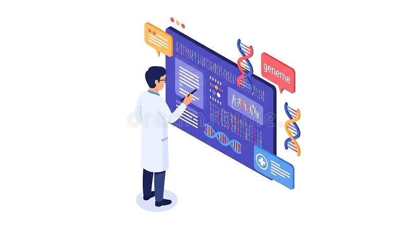 This isometric illustration, generated by AI, depicts a scientist interacting with a digital interface displaying genetic data, DNA sequences, and graphs. It highlights the use of AI in genomic research and analysis. The vibrant colors and modern design make it visually appealing and easily understa. Artificial intelligence genomic sequencing stock images, royalty-free photos and pictures