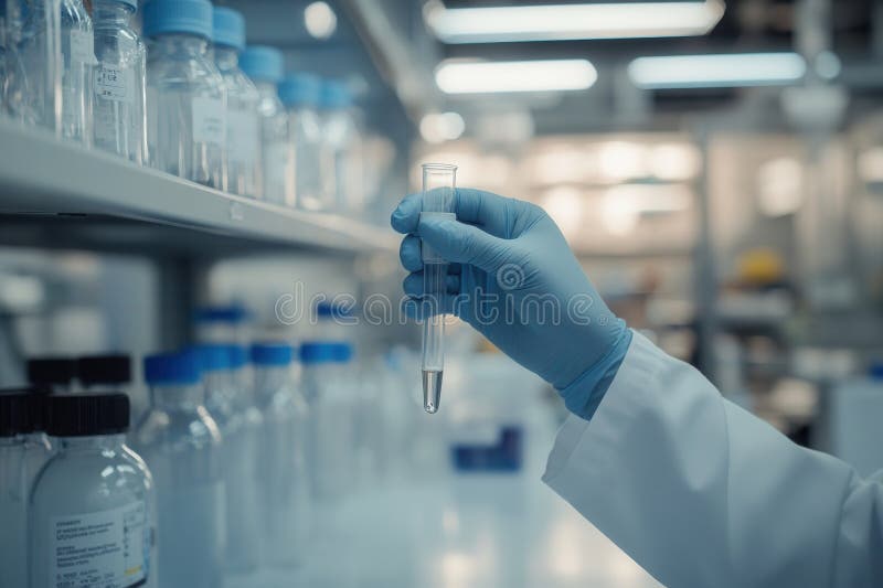 Scientist conducts research in modern laboratory holding test tube with precision and care stock image