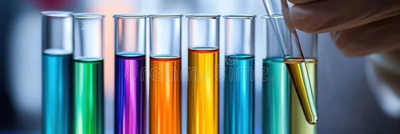 Scientist conducts experiment with colorful test tubes in a modern laboratory focused on research and development royalty free stock photo