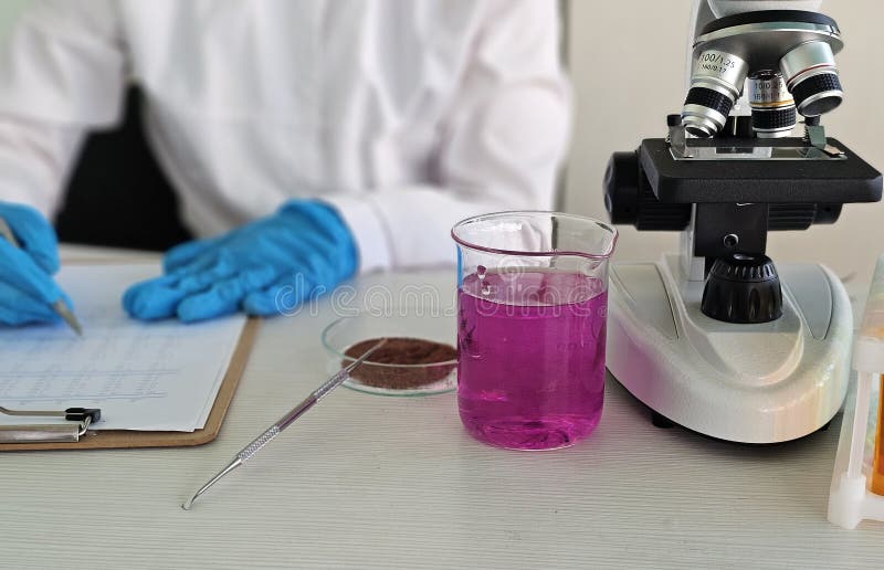 Scientist conducts experiment with liquid and microscope in laboratory royalty free stock image