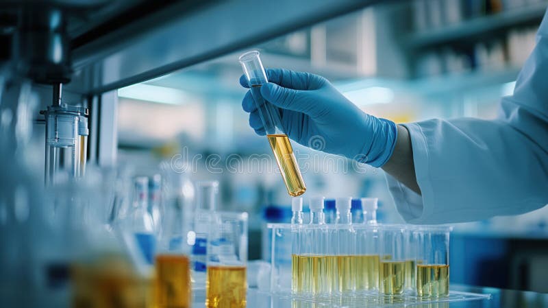 Scientist conducts experiment with test tube in a modern laboratory with advanced technology and sterile environment royalty free stock photos
