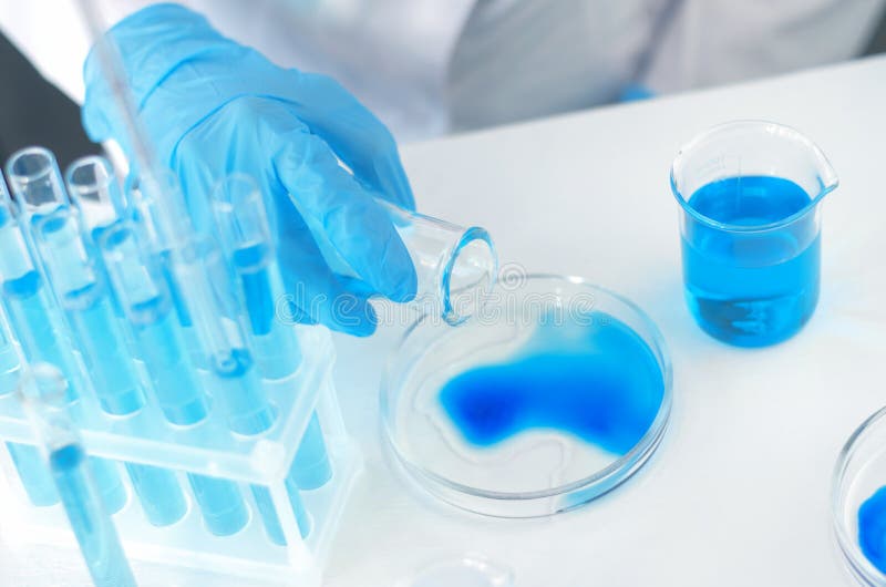 Scientist conducts laboratory research. Hands of a scientist with a laboratory flask stock photography