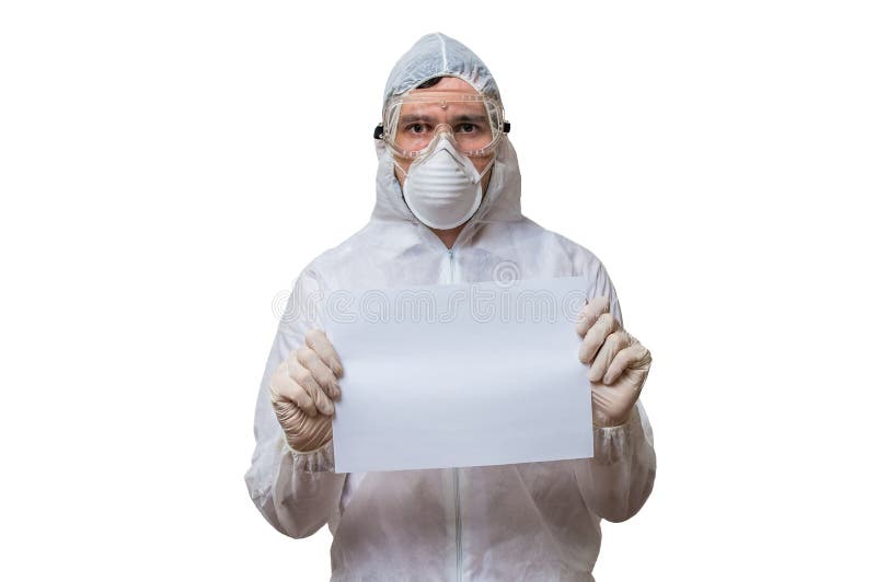 Scientist in coveralls is holds blank paper for custom text. stock photos
