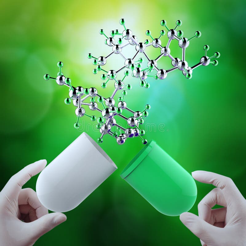 Scientist doctor hand holds virtual 3d open capsule pill stock photography