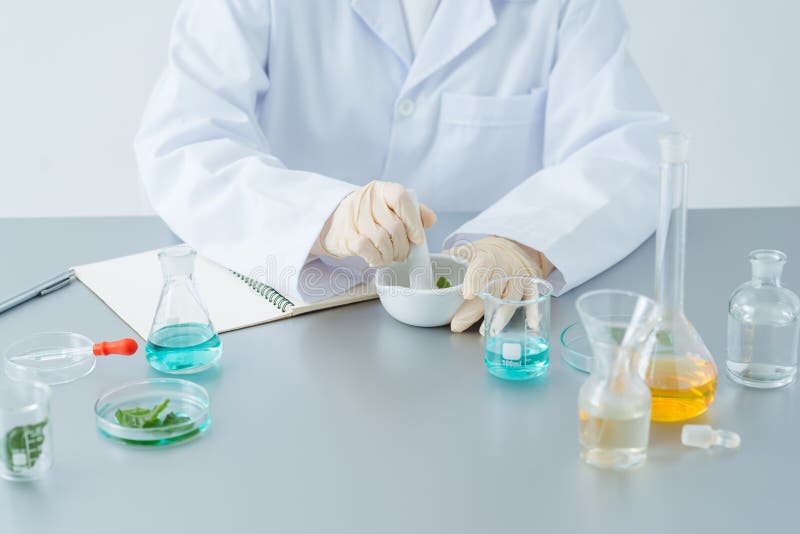 The Scientist or Doctor Make Herbal Medicine from Herb in the Laboratory on the Table. Stock