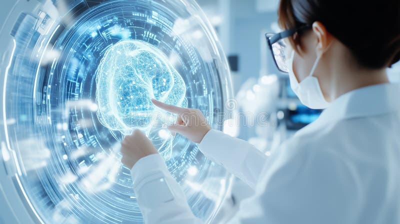 Scientist examines digital brain interface with advanced augmented reality. Innovative laboratory setting emphasizes royalty free stock images