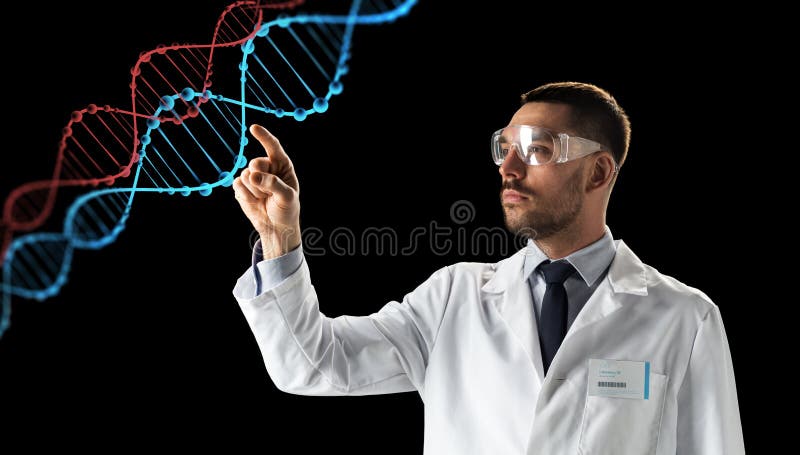 Scientist in goggles with dna molecule stock image Scientist in goggles with dna molecule stock image