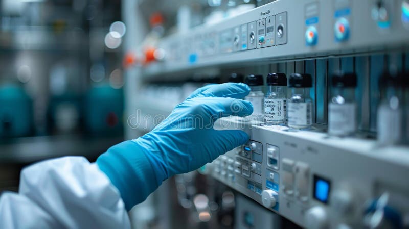 Om de știință mână în mănușă albastră selectând flacoane dintr-un sistem de automatizare de laborator royalty free stock photo
