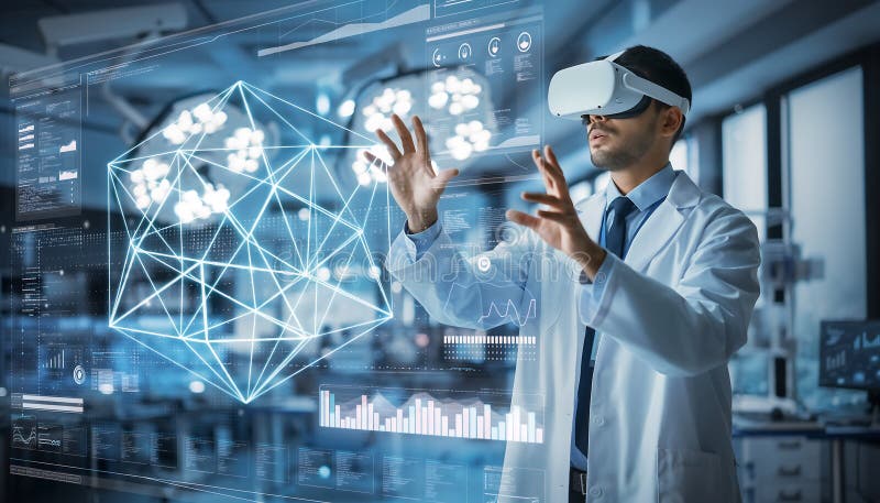 Scientist Immersed in Virtual Reality - Exploring Medical Innovations stock illustration