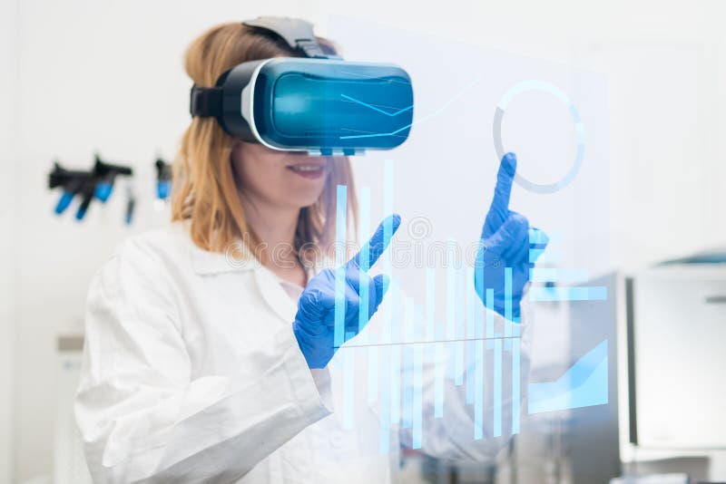 Scientist in lab coat and virtual reality VR goggle uses AR augmented reality for analysis of data. Metaverse NFT game concept. Blockchain network analysis stock images, royalty-free photos and pictures