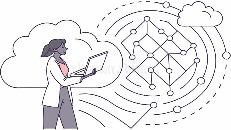Scientist with Laptop and Abstract Data Network, Innovation, vector design Generative AI vector illustration