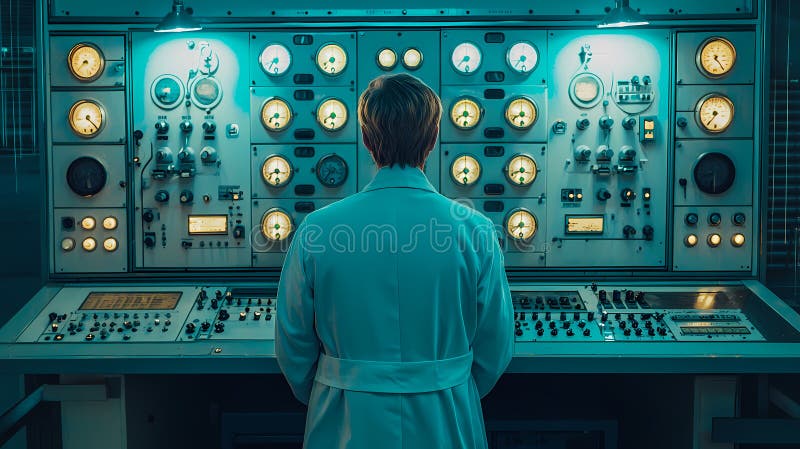 Scientist monitoring gauges and controls in a complex industrial setting. Scientist in a lab coat stands before a large control panel, observing various gauges, dials, and switches, illuminated by a cool, teal light, in a technological or industrial environment AI generated