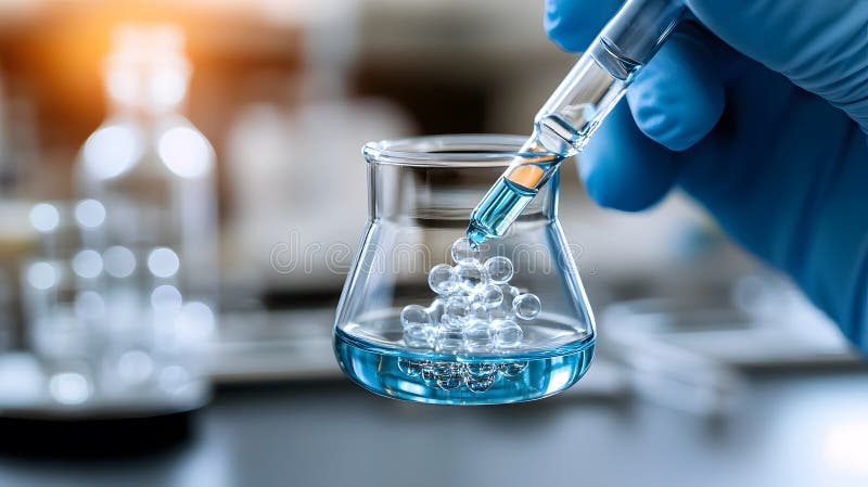 Scientist Using Dropper to Add Liquid into Flask with Bubbles in Laboratory Experiment. Close-up of a scientist gloved hand using a dropper to add blue liquid into a flask with bubbles during a laboratory experiment