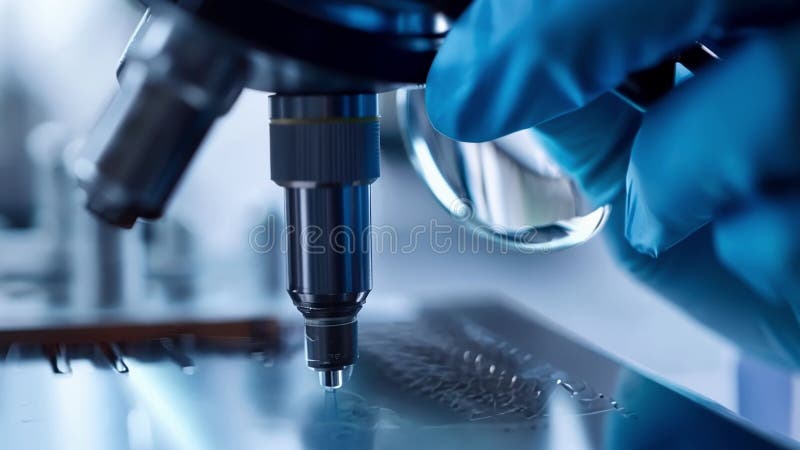 Scientist adjusting microscope examining material samples in innovative manufacturing laboratory vector illustration