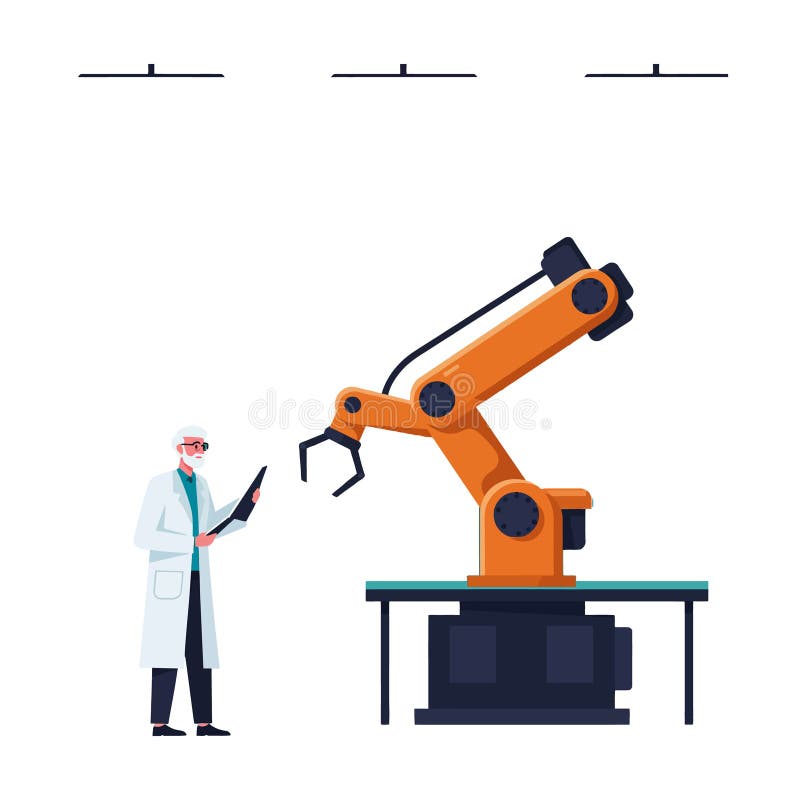 Scientist in white lab coat controlling large orange robotic arm with digital tablet minimal flat vector art stock illustration