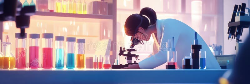 Scientist conducts experiments in a vibrant laboratory filled with microscopes and colorful test tubes. Generative AI stock photography