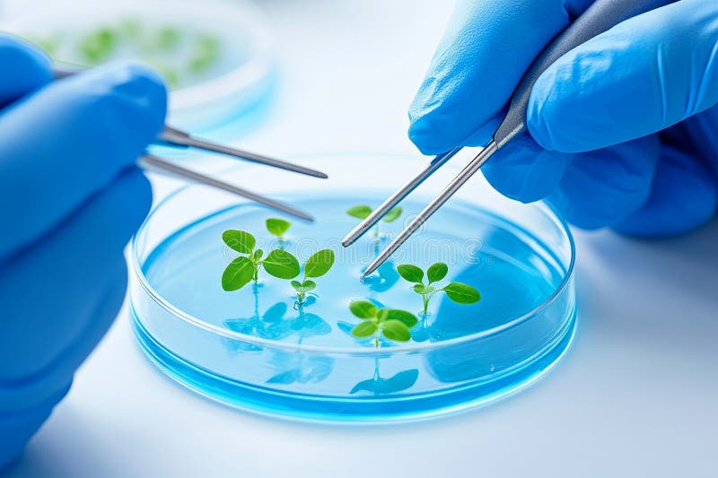 A scientist who works in a biological laboratory with GM seeds and plants. stock illustration