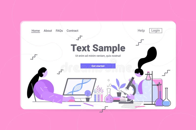 Scientists analyzing DNA structure on laptop researchers making experiments in lab DNA testing genetic engineering stock illustration