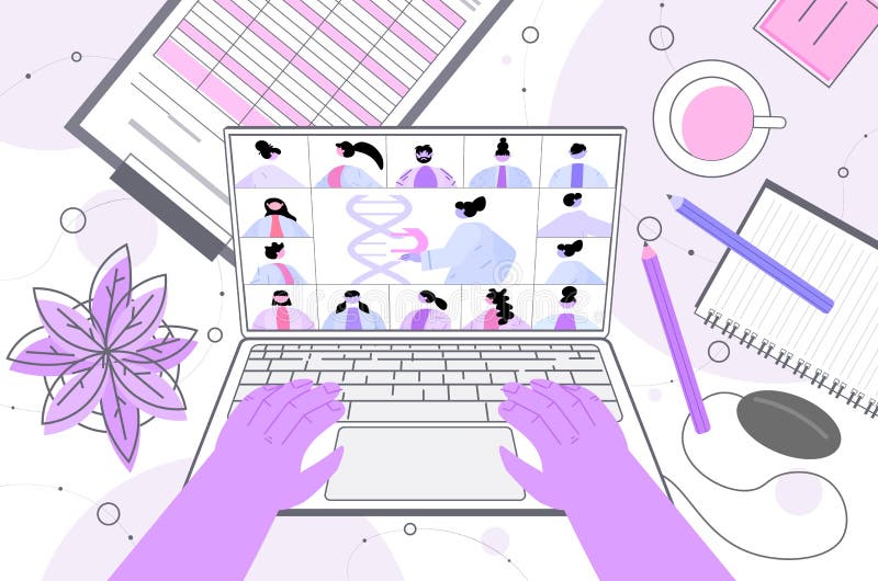Scientists analyzing DNA structure on laptop screen researchers team making experiment DNA testing genetic engineering vector illustration