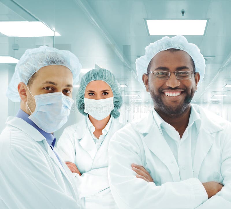 Scientists arabic team at hospital lab, group of doctors