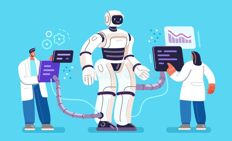 Scientists create robot using programming and engineering knowledge. Machine learning artificial intelligence royalty free illustration