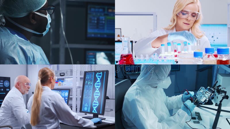 Scientists, lab equipment and microscopes in biomedical innovations and clinical studies. Technology and medical concept stock footage