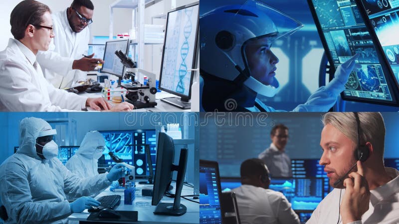 Scientists, lab equipment and microscopes in biomedical innovations and clinical studies. Technology and medical concept stock video footage