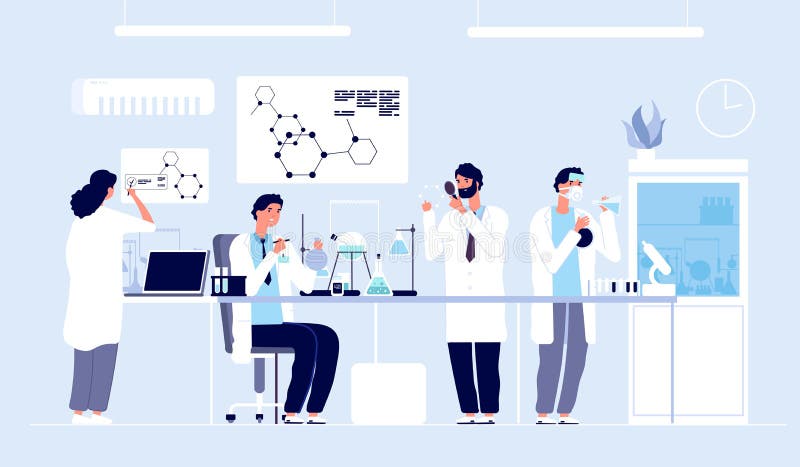Scientists in lab. People in white coat, chemical researchers with laboratory equipment. Drug development cartoon vector
