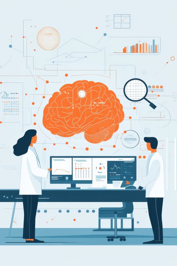 Scientists analyzing brain data using advanced technology and computational tools stock photography