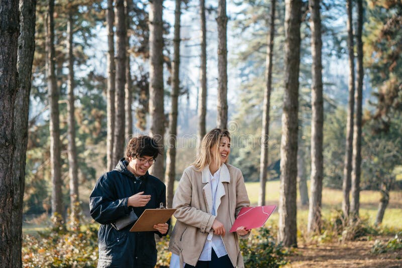 Scientists are studying plant species and inspect trees in the forest. stock images