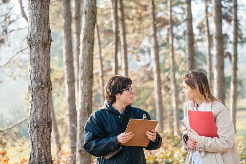 Scientists are studying plant species and inspect trees in the forest. stock photo