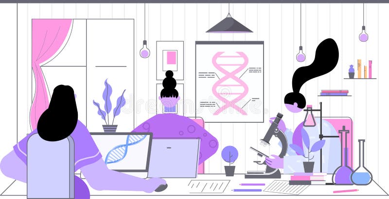 Scientists team working with DNA researchers making experiment in lab DNA testing genetic engineering concept vector illustration