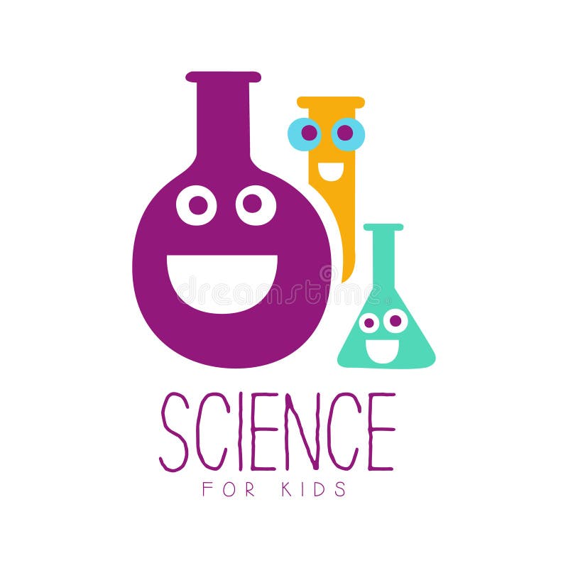 Scienza per il simbolo di logo dei bambini Etichetta disegnata a mano variopinta illustrazione vettoriale