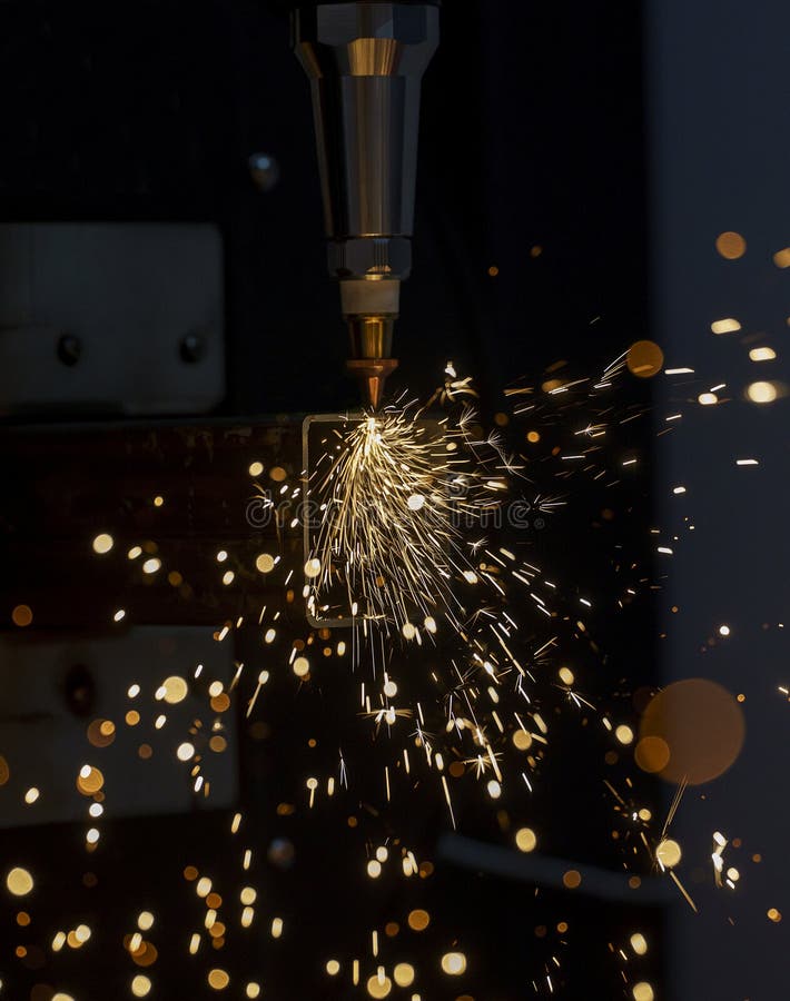 Scintille durante il taglio laser metallico di metallo su una macchina per il taglio automatico di metallo fotografia stock
