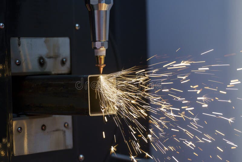 Scintille durante il taglio laser metallico di metallo su una macchina per il taglio automatico di metallo fotografia stock