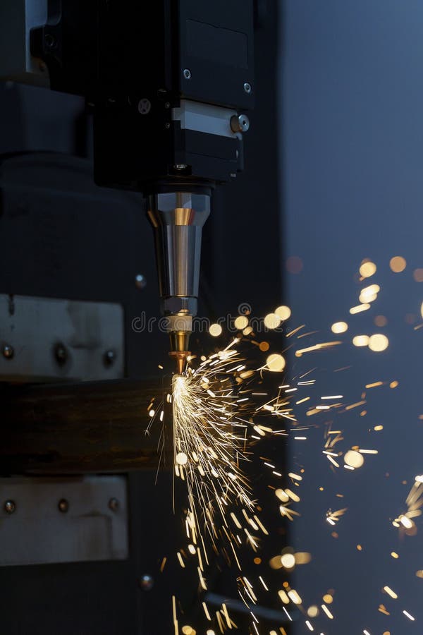 Scintille durante il taglio laser metallico di metallo su una macchina per il taglio automatico di metallo fotografia stock
