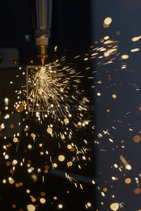 Scintille durante il taglio laser metallico di metallo su una macchina per il taglio automatico di metallo fotografia stock