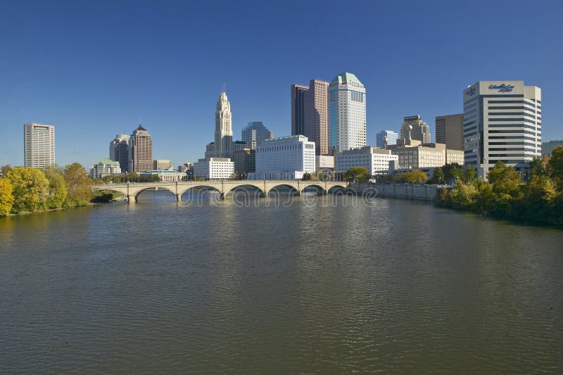 Scioto River and Columbus Ohio Skyline in Autumn, with Setting Sunlight
