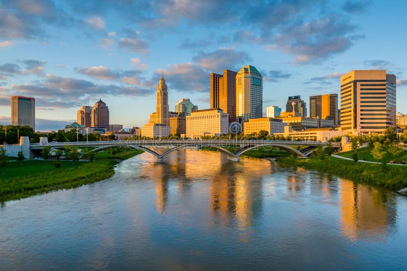 The Scioto River and Columbus Skyline at Sunset, in Columbus, Ohio