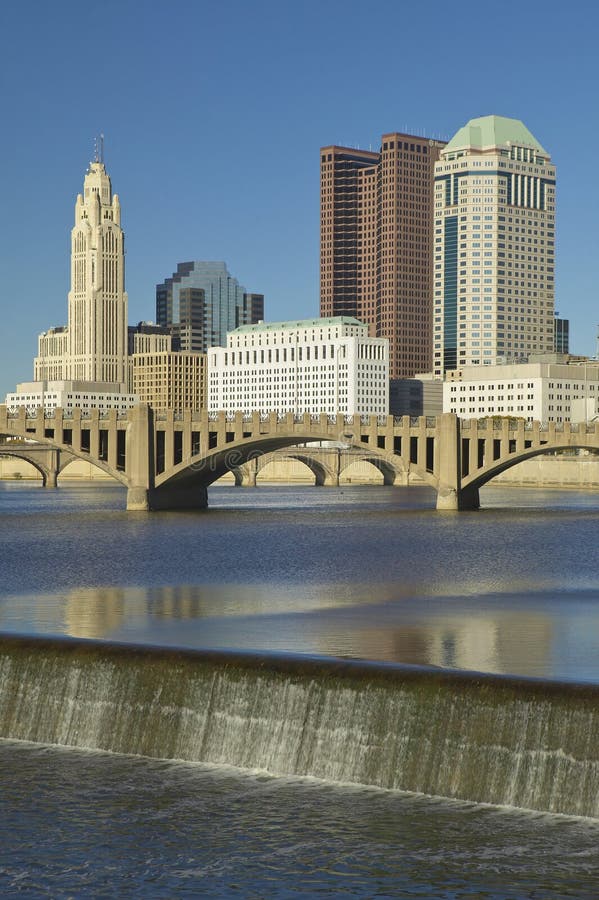 Scioto River with Waterfall and Columbus Ohio Skyline Editorial Photo