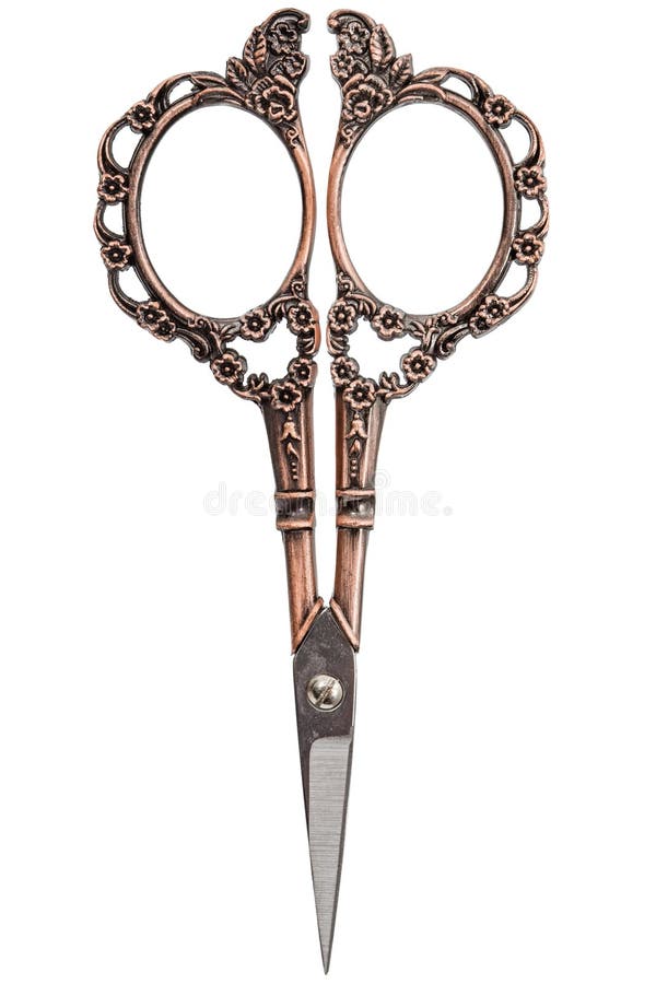 Scissors with curly handles from bronze, isolated on white background