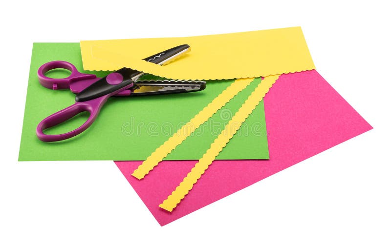 Scissors, paper edgers, lying on color construction paper royalty free stock image Scissors, paper edgers, lying on color construction paper royalty free stock image
