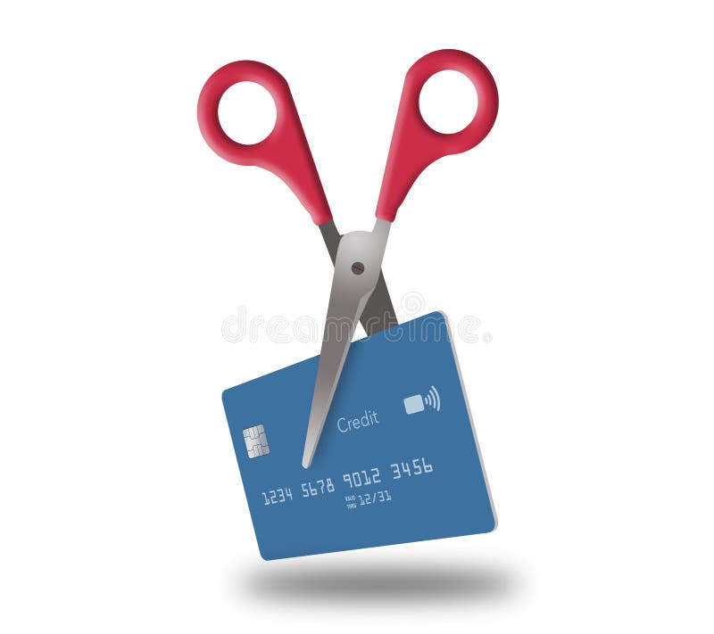 Scissors with red handles is about to cut up a blue credit card in this 3-D illustration