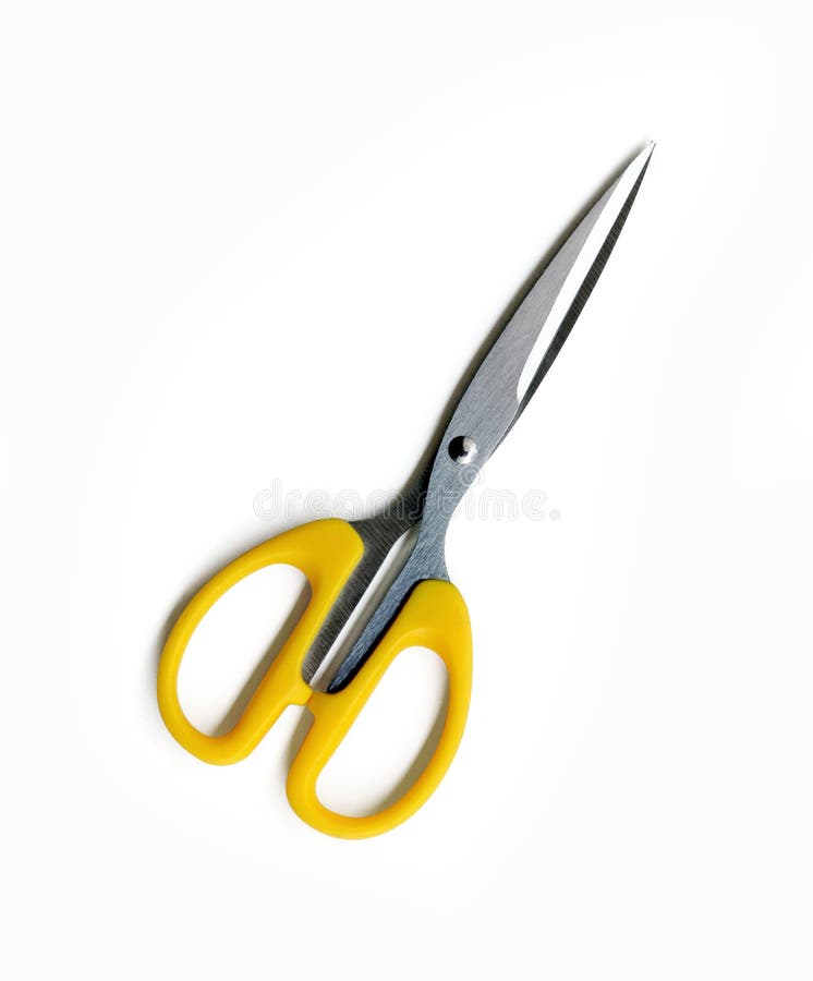 Scissors with yellow handle isolated on white background. royalty free stock photos