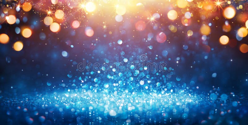 Sclipire albastru strălucitoare abstractă cu lumini de Crăciun de aur stock images