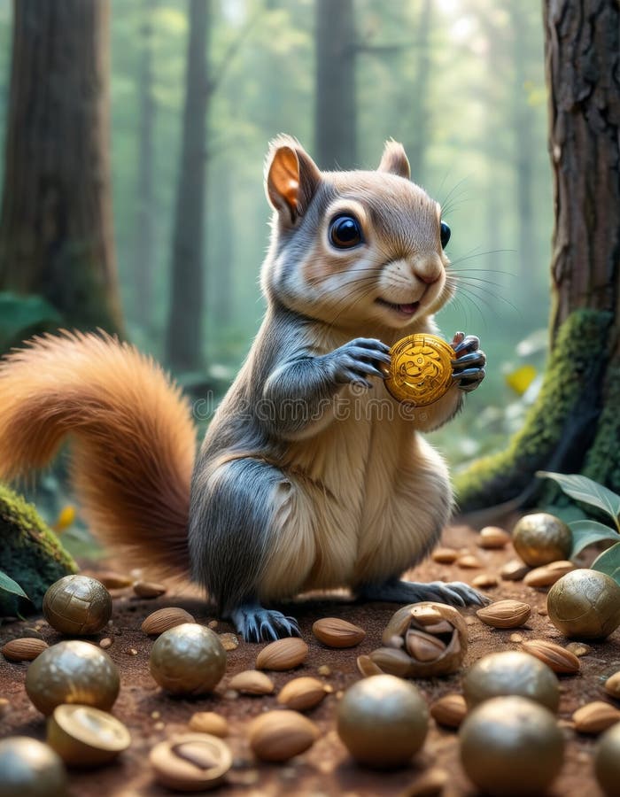 A squirrel holds a golden coin amidst a trove of nuts in a whimsical, fairytale-like forest scene AI generated. A squirrel holds a golden coin amidst a trove of nuts in a whimsical, fairytale-like forest scene AI generated