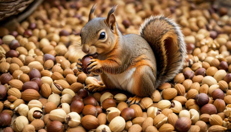 An animated squirrel is captured mid-snack, surrounded by a plentiful assortment of mixed nuts. AI generated. An animated squirrel is captured mid-snack, surrounded by a plentiful assortment of mixed nuts. AI generated