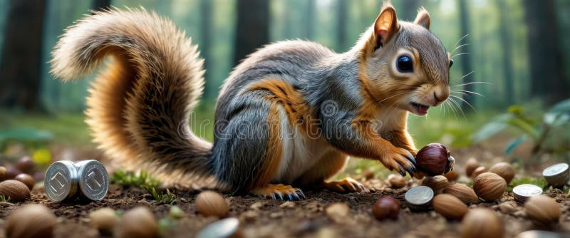 A vibrant image of a squirrel interacting with scattered nuts and coins on a forest floor during autumn. AI generated. A vibrant image of a squirrel interacting with scattered nuts and coins on a forest floor during autumn. AI generated