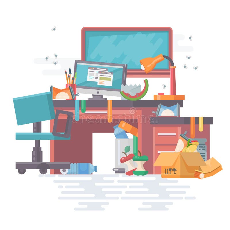 Scompigli l'ufficio del lavoro con disordine e gli aggeggi moderni, il computer, il pc, gli archivi, il bordo, la tavola, sedia S illustrazione di stock Scompigli l'ufficio del lavoro con disordine e gli aggeggi moderni, il computer, il pc, gli archivi, il bordo, la tavola, sedia S illustrazione di stock